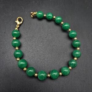 Green Jade Beaded Bracelet with Gold Tone Beads